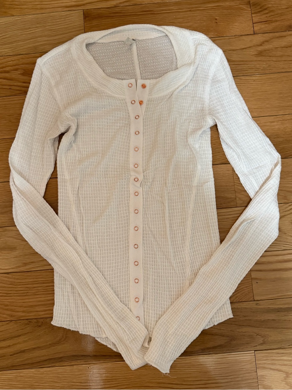 Free People Ivory Waffle Knit Long-Sleeve Button Front Top